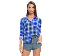 Phorecys Women V Neck Striped Roll up Sleeve Button Down Plaid Shirt Casual Blouses Checked Tops C Blue Small