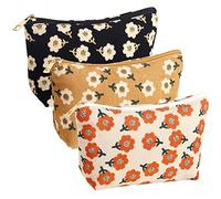 Photect 3 Pcs Floral Makeup Bag for Purse Small Cosmetic Bag Corduroy Canvas Pouch Mini Toiletry Zipper Travel Pouch for Women Bulk Gifts for Teachers School Organizer Storage Accessories(Cute)