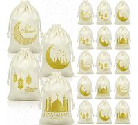 Photect 50 Pcs Ramadan Burlap Bags Eid Mubarak Linen Drawstring Gift Goody Bags Islamic Gifts Small Drawstring Pouch for Muslim Eid Mubarak Party Decorations, 4.7 x 7.8 Inch