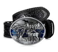 Photect Western Leather Buckle Belts Cowboy Deer Buckle Belt Wildlife Elk Buckle Belt Floral Engraved Cowboy Belts for Men (Black)
