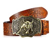 Photect Western Leather Buckle Belts Cowboy Longhorn Cattle Buckle Belt Floral Embossed Cowboy Belts for Men, 1.5 Inch Wide(45 Inch,Camel)