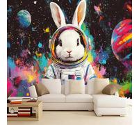 Photo 3D Wallpaper Colorful Graffiti Rabbit 300x240cm，Abstract Astronaut Silk Cloth Wall Art for Bedroom Living Room