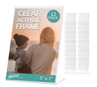 Photo Booth Frames - 5x7 Inch Clear Acrylic Display, Slanted Back Vertical Standing Plastic Picture or Display Sign Holder with Inserts - 12 Count