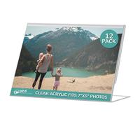 Photo Booth Frames - 7x5 Inch Clear Acrylic Display, Slanted Back 7x5 Horizontal Picture or Display Plastic Sign Holder with Inserts - 12 count