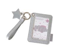 Photo Card Holder Wristlet, Glitter PU Sleeve, Transparent Pass Display, Star Charm Accent for School Carry Travel Photocard Sleeve Pass Holder Display Badge Case Clear Pocket Wristlet Organizer Entry