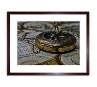 PHOTO CLOSE UP VINTAGE BRASS OLD COMPASS MAP FRAMED PRINT F97X5394