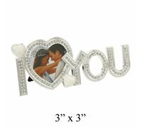 Photo Frame "I Love You" Silver Plated CrystalsLetters 3"x3" Pic Shimmer Hearts