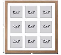 Photo Frames Multiple Pictures for Wall - Large Multi Photo Frame, 4 x 4 Inch with 9 openings | Collage Picture Display with White Mount | Family Gallery Wall Display for Living Room | Oak Frame