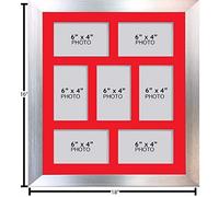 Photo Frames Multiple Pictures for Wall - Large Multi Photo Frame, 6 x 4 Inch with 7 openings | Collage Picture Display with Red Mount | Family Gallery Wall Display for Living Room | Silver Frame