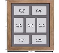 Photo Frames Multiple Pictures for Wall - Large Multi Photo Frame, 8 x 6 Inch with 7 openings | Collage Picture Display with Grey Mount | Family Gallery Wall Display for Living Room | Oak Frame