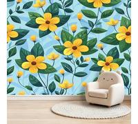 Photo Mural 300 x 210 cm Turquoise Non-Woven Decoration Print Fleece Wall Mural Decoration Poster Floral Ditsy Countryside Photo Wallpaper for Child TV Background Wallpaper Decor