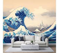 Photo Mural 350 x 256 cm Oriental Aesthetic Non-Woven Decoration Print Fleece Wall Mural Decoration Poster Japanese Kanagawa Surfing Photo Wallpaper for Child TV Background Wallpaper Decor