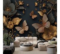 Photo Mural 3D Metallic Butterflies and Flowers Luxury Style 250 x 175cm Child Non-Woven Premium Art Print Fleece Wall Mural Decoration Poster Picture Design Modern Living Room Bedroom Black Wallpaper