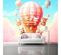 Photo Mural Wallpaper Cartoon Theme, Hot Air Balloon Animals Clouds Pattern Non-Woven Poster Murals - 137.8" x 100.8" Large 3D Effect Wallpaper for Living Room Bedroom Dining Room Kids Room