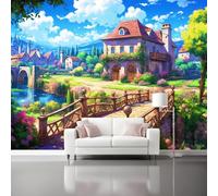Photo Mural Wallpaper Cartoon - Village Small Bridge Pattern Art Non-Woven Poster Wallpaper Decorative for Living Room Bedroom Kids Room Decor, 400 x 280 cm 3D Effect Mural