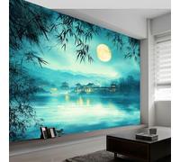 Photo Mural Wallpaper Chinese Style Bamboo Forest Lake Town, Panoramic Murals Art Tapestry, Light Green Large Wall Mural Non-Woven for Indoor Home Eco-Friendly Decoration W200 x H140 cm