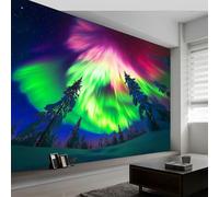 Photo Mural Wallpaper Northern Lights Snowy Forest, Panoramic Murals Art Tapestry, Color Large Wall Mural Non-Woven for Indoor Home Eco-Friendly Decoration W250 x H175 cm