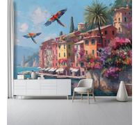 Photo Mural Wallpaper Oil Painting Style - Seaside Town Pattern Art Non-Woven Poster Wallpaper Decorative for Living Room Bedroom Kids Room Decor, 98.4" x 68.8" 3D Effect Mural