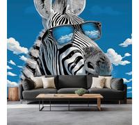 Photo Mural Wallpaper Sunglasses Zebra Animal, Panoramic Murals Art Tapestry - Blue Sky White Clouds Large Non-Woven Wall Mural for Indoor Home Eco-Friendly Decoration W300 x H210 cm
