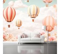 Photo Mural Wallpaper Watercolor - Hot Air Balloon Clouds Flowers Pattern Art Non-Woven Poster Wallpaper Decorative for Living Room Bedroom Kids Room Decor, 250 x 175 cm 3D Effect Mural