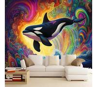 Photo Murals Wallpaper Colorful Psychedelic 150x130cm，Whale Wall Mural Silk Wall Decor Art for Restaurant Beauty Salon Hotels Living Room