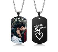 Photo Necklace Personalized Necklace for Men Engraving Custom Dog Tags Stainless Steel Pendant Memorial Necklace Father's Day Christmas Dad Husband Boyfriend (C-Couple-Photo+Heart+2 Names+Date)
