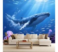 Photo Wallpaper 100x70 cm 3D Whales Animals Sea Fish Landscape Pattern Non-Woven Matte Waterproof Wall Paper Mural Poster TV Background Decoration for Corridor Living Room Bedroom Home Renovation