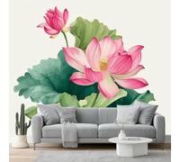 Photo Wallpaper 118.1" x 82.7" Non-Woven Premium Art Print Fleece Wall Mural Decoration Ink Painting Lotus Chinese Style Home Decor Art for Bedroom Living Room Pink Green