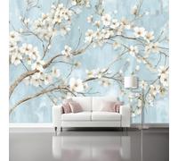 Photo Wallpaper 118.1" x 82.7" Non-Woven Premium Art Print Fleece Wall Mural Decoration New Chinese Style Flourishing Flowers and Home Decor Art for Bedroom Living Room White Blue
