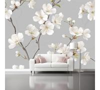 Photo Wallpaper 137.8" x 100.8" Non-Woven Premium Art Print Fleece Wall Mural Decoration Poster Picture Design Modern New Chinese Style Cherry Blossoms Elegant Moderne Living Room Bedroom White Gray