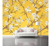 Photo Wallpaper 157.5" x 110.2" Non-Woven Premium Art Print Fleece Wall Mural Decoration Poster Picture Design Modern Chinese Style White Flower Branches Elegant Room Bedroom Yellow White