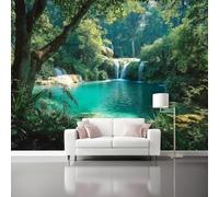 Photo Wallpaper 157.5" x 110.2" Non-Woven Premium Art Print Fleece Wall Mural Decoration Poster Picture Design Modern Natural Wind Waterfalls Streams Moderne Living Room Bedroom Green Blue