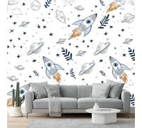 Photo Wallpaper 157.5" x 110.2" Non-Woven Premium Art Print Fleece Wall Mural Decoration Rockets Space and Fun Home Decor Art for Bedroom Living Room Blue Orange