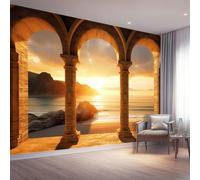 Photo Wallpaper 200 x 140 cm Silk Cloth Wall Mural, Mediterranean Style Arches Seascapes Theme Bedroom Decoration Poster Wall Murals - Gold Self Adhesive Wall Art for Living Room Office Kitchen