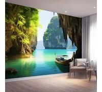 Photo Wallpaper 250 x 175 cm Silk Cloth Wall Mural, Mediterranean Caves Cruise Ships Theme Bedroom Decoration Poster Wall Murals - Blue-Green Self Adhesive Wall Art for Living Room Office Kitchen