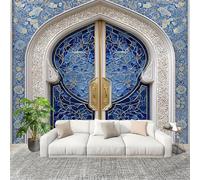 Photo Wallpaper 250x175 cm Middle Eastern Style Floral Relief Non-Woven Art Wall Mural Poster Picture Blue - Living Room Sofa TV Background Wall Mural Indoor Decor - Not Self Adhesive