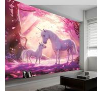 Photo Wallpaper 300 x 210 cm Fantasy Animals Unicorn Cherry Blossoms, Wall Mural Non-Woven 3D Wallpaper Décor Art Poster Picture Design for Living Room Bedroom Dorm Décor, Pink