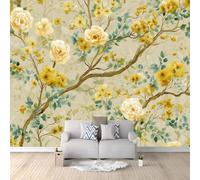 Photo Wallpaper 300 x 210 cm - Khaki Wall Mural Deco Japanese Style Flowers Trees Non-Woven Art Print Wallpaper for Living Room - Home Decoration Bedroom Kitchen Wall Paper