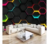 Photo Wallpaper 300 x 210 cm Neon Glowing Geometric Non-Woven Premium Art Print Fleece Wall Mural Decoration Poster Honeycomb Black Photo Mural for Child Bedroom TV Background Wall Decor