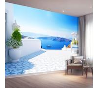 Photo Wallpaper 300 x 210 cm Silk Cloth Wall Mural, Mediterranean Style Terrace Sea View Theme Bedroom Decoration Poster Wall Murals - Blue Self Adhesive Wall Art for Living Room Office Kitchen
