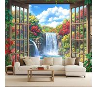 Photo Wallpaper 300x210 cm 3D Window Sill Scenery Flower Forest Pattern Non-Woven Matte Waterproof Wall Paper Mural Poster TV Background Decoration for Corridor Living Room Bedroom Home Renovation