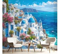 Photo Wallpaper 300X210Cm Silk Cloth Premium Coastal City Print Wall Mural Decoration Poster Picture Mediterranean Landscape Oil Painting Design, Royal Blue Poster Living Room Bedroom Wall Covering