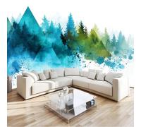 Photo Wallpaper 350 x 256 cm Abstract Forest Mountain Range, Wall Mural Non-Woven 3D Wallpaper Décor Art Poster Picture Design for Living Room Bedroom Dorm Décor, Blue Green