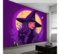 Photo Wallpaper 350 x 256 cm Magic Cats Witches The Moon, Wall Mural Non-Woven 3D Wallpaper Décor Art Poster Picture Design for Living Room Bedroom Dorm Décor, Purple