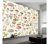 Photo Wallpaper 350 x 256 cm Watercolor Floral Mushroom Patterns, Wall Mural Non-Woven 3D Wallpaper Décor Art Poster Picture Design for Living Room Bedroom Dorm Décor, Cream