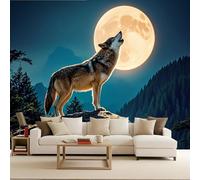 Photo Wallpaper 350x256 cm 3D Wolf Animal Forest Moon Flowers Pattern Non-Woven Matte Waterproof Wall Paper Mural Poster TV Background Decoration for Corridor Living Room Bedroom Home Renovation