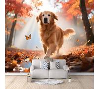 Photo Wallpaper 3D Dog Wall Murals for Living Room, Non-Woven Mural Wallpaper Autumn, Maple Leaves, Animals, Dogs Home Poster Sofa TV Background Wall Mural Decor 300 × 256 cm (W x H)
