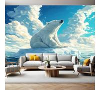 Photo Wallpaper 3D Effect Animal Polar Bear and Blue Sky Mural Wallpaper Non-Woven Wall Mural, 350 x 256 cm Large Mural Wall Decor for Bedroom, Living Room, Kids Room