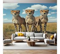 Photo Wallpaper 3D Effect Animals Three Cheetahs Mural Wallpaper Non-Woven Wall Mural, 350 x 256 cm Large Murals Wall Decor for Bedroom, Living Room, Kids Room