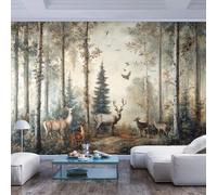Photo Wallpaper 3D Effect Forest scene deer and flying birds vintage style Forest scene deer and flying birds vintage stylePrint Photo Bedroom Restaurant Office Children's Room Family Living Room Res